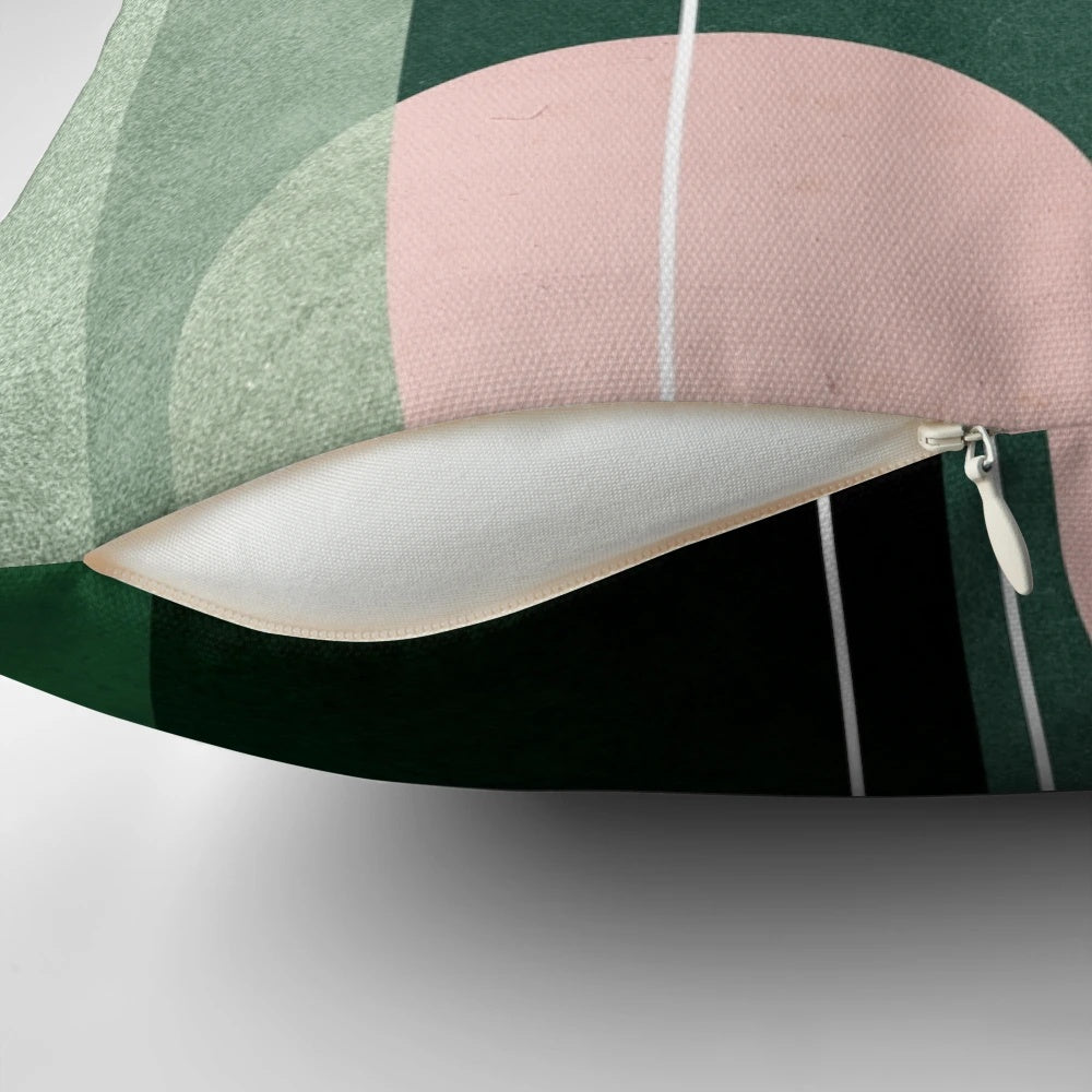 A mid century modern throw pillow featuring a curved archway design in soft pink and green tones.
