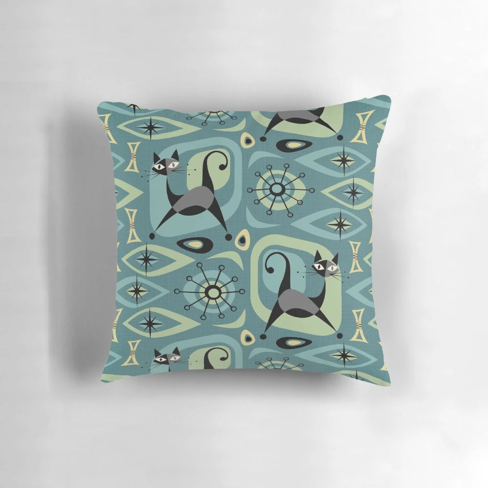 Mid century modern abstract cat design pillow in gray, gold, and blue tones.