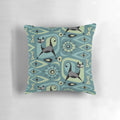 Mid century modern abstract cat design pillow in gray, gold, and blue tones.