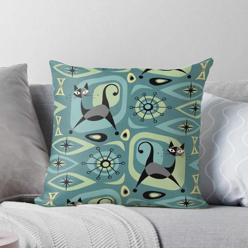 Mid century modern abstract cat design pillow in gray, gold, and blue tones.