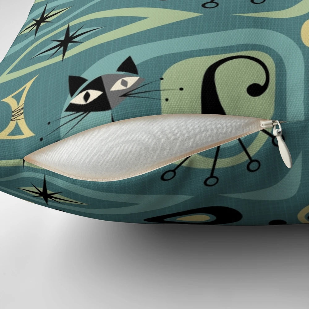 Mid century modern abstract cat design pillow in gray, gold, and blue tones.
