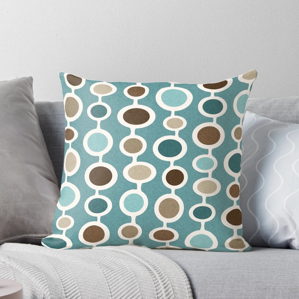 Mid century modern geometric circle atomic art print in shades of blue and brown