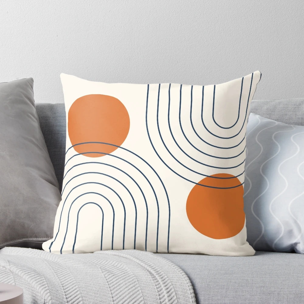 Navy blue and burnt orange geometric mid-century modern abstract pillow