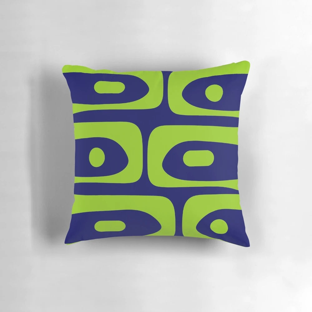 Mid century modern decorative pillow with abstract navy blue and lime green pattern
