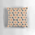 Midcentury modern pillow with retro atomic dots pattern in burnt orange, beige, and navy blue