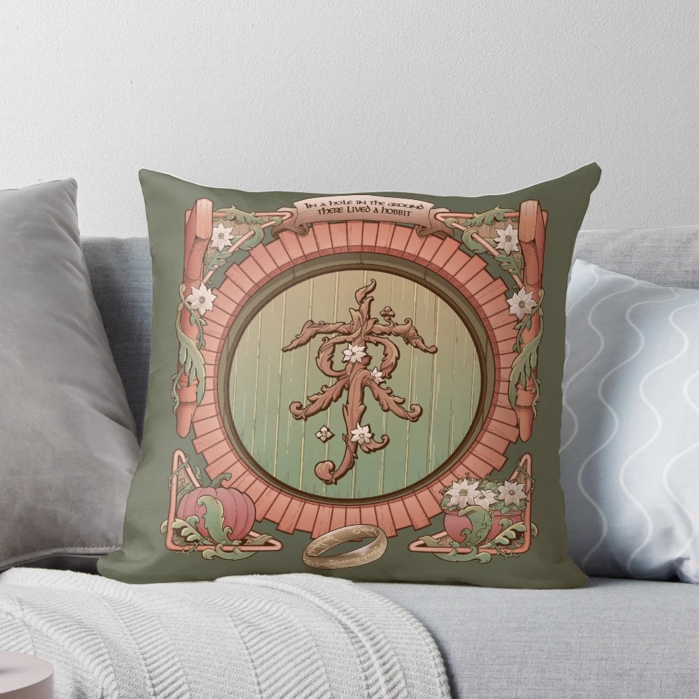A plush, decorative pillow featuring a cozy hobbit hole design, inspired by the world of J.R.R. Tolkien's Lord of the Rings and The Hobbit.