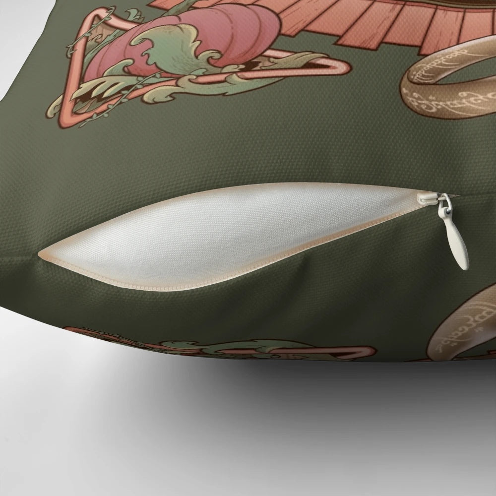 A plush, decorative pillow featuring a cozy hobbit hole design, inspired by the world of J.R.R. Tolkien's Lord of the Rings and The Hobbit.