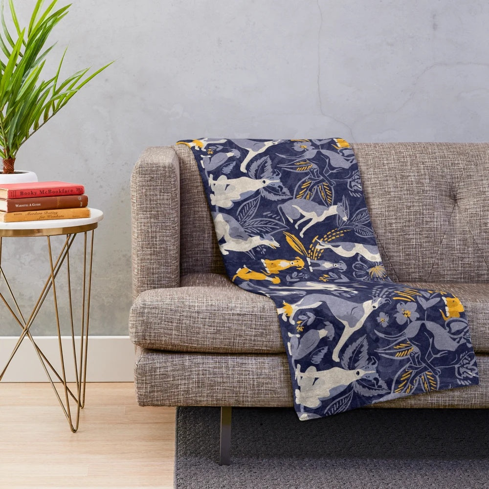 Greyhound pattern plush blanket in midnight blue and yellow colors