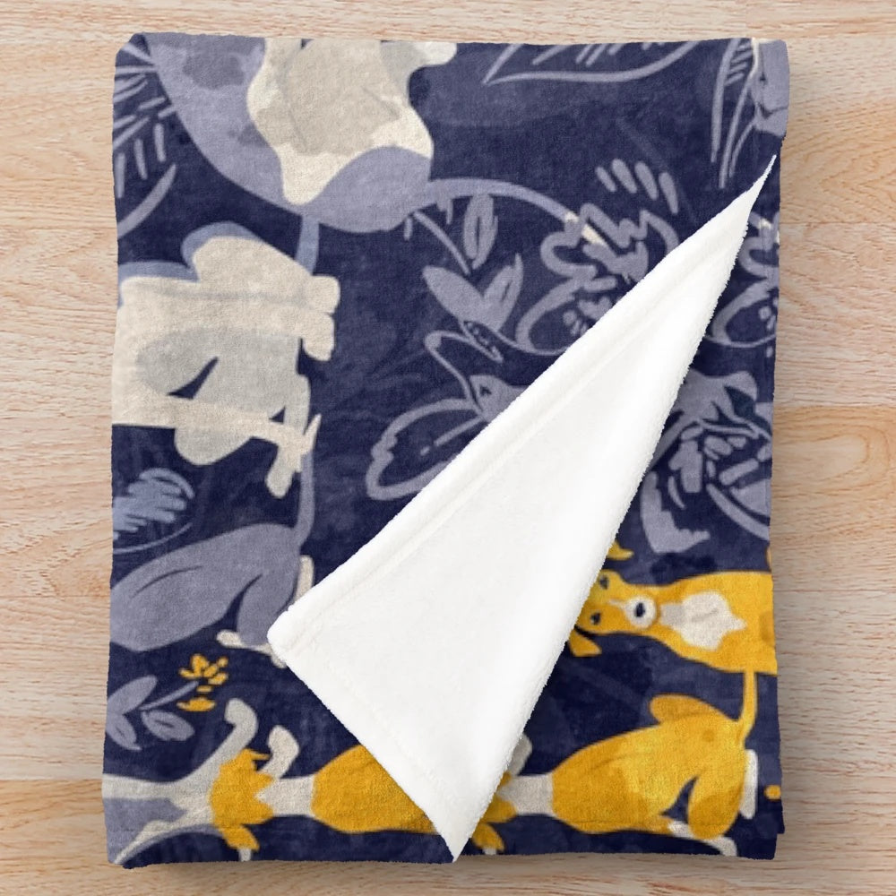 Greyhound pattern plush blanket in midnight blue and yellow colors