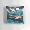Midnight Cranes Abstract Nature Pillow featuring a contemporary design of cranes, mountains, and a night sky