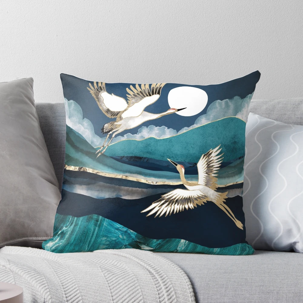 Midnight Cranes Abstract Nature Pillow featuring a contemporary design of cranes, mountains, and a night sky