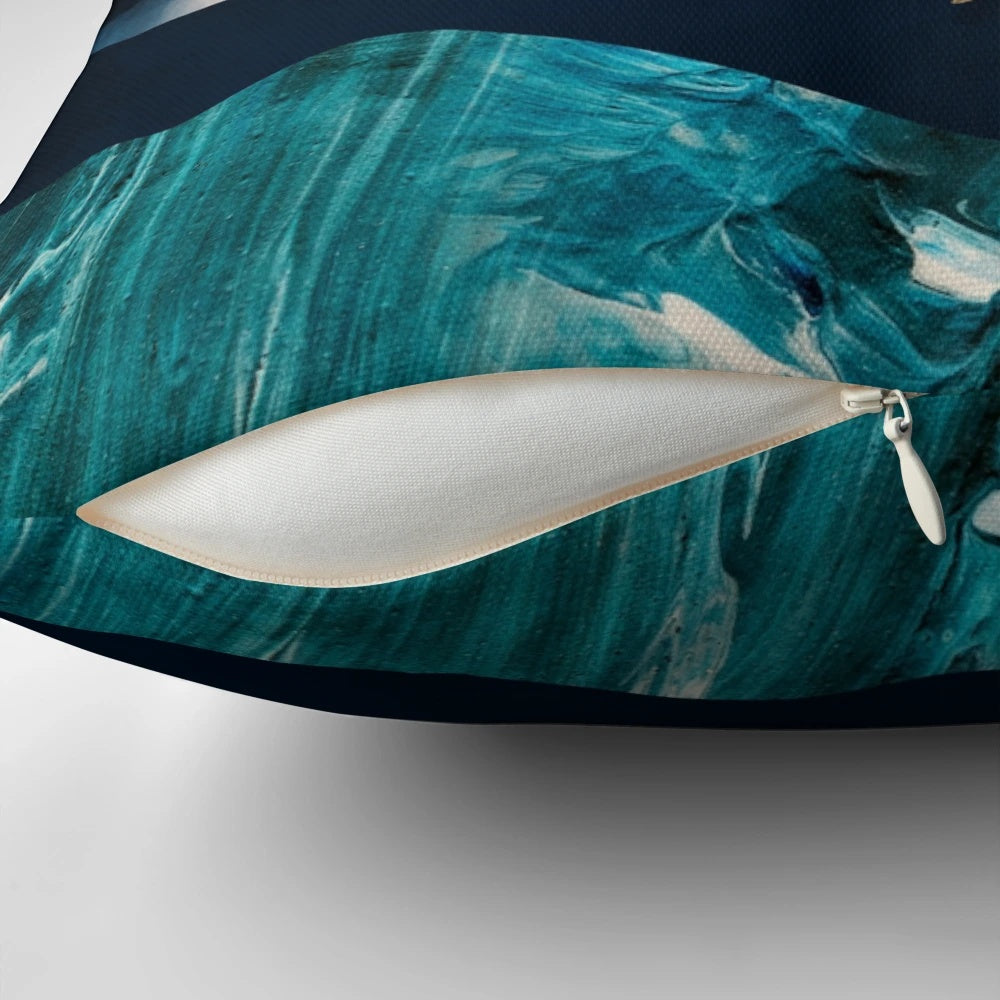 Midnight Cranes Abstract Nature Pillow featuring a contemporary design of cranes, mountains, and a night sky