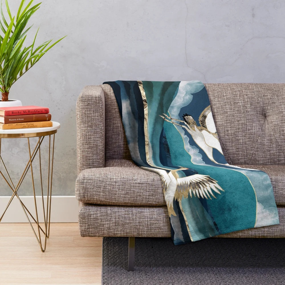 Midnight Cranes Plush Blanket with abstract nature landscape and celestial wildlife design