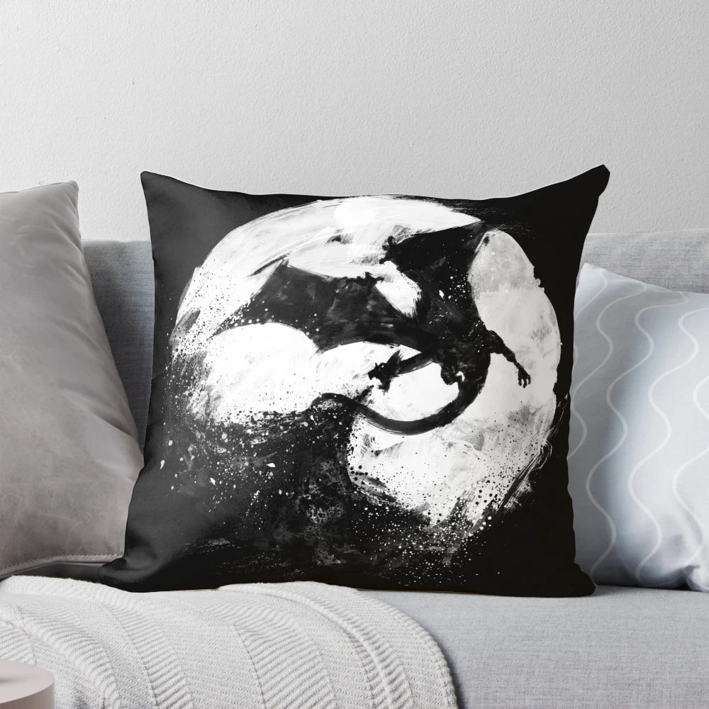 Midnight Desolation Pillow featuring a dramatic dragon and moon design, perfect for adding a touch of fantasy to your space.