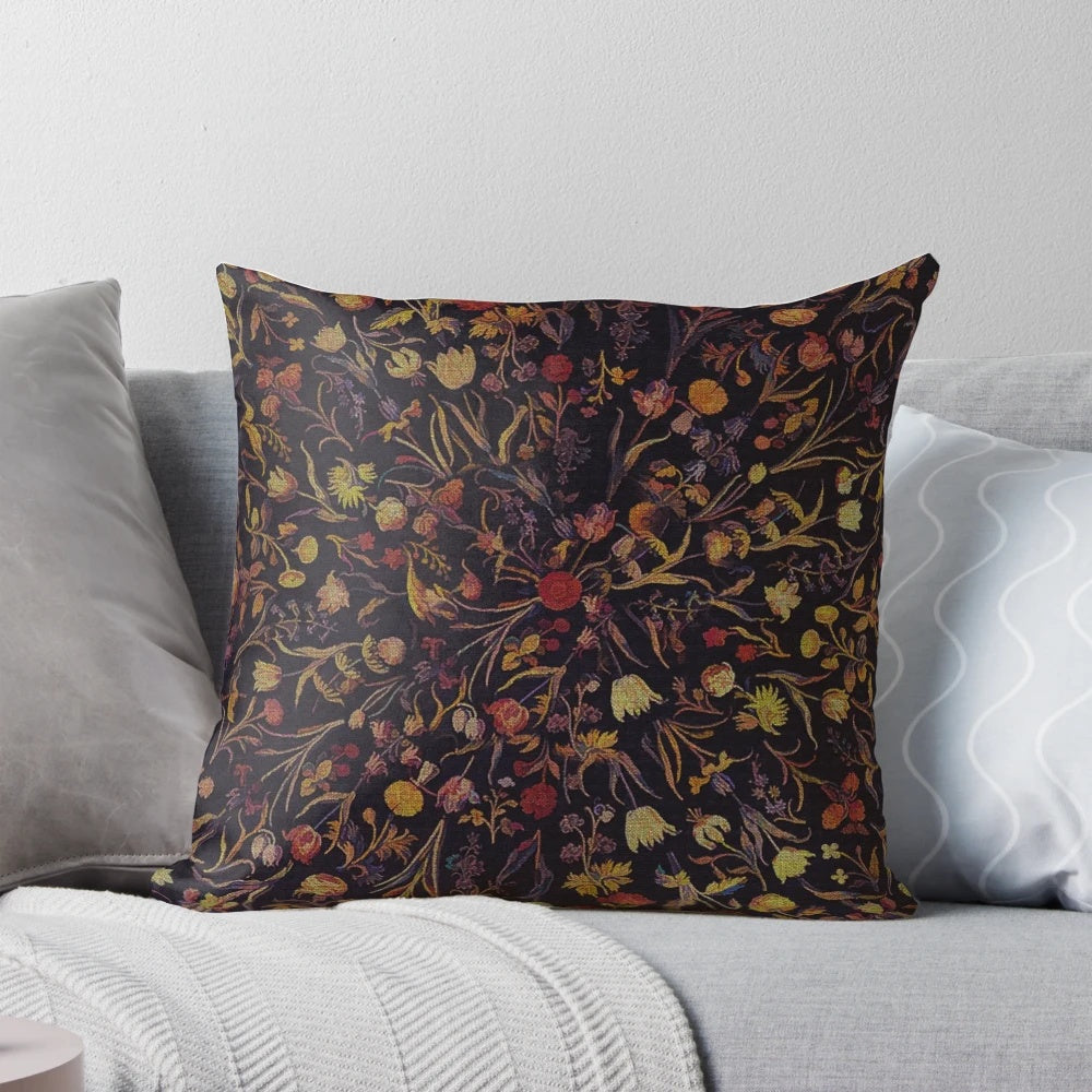 Midnight Floral Pillow featuring a mythological horse design in a gothic, vintage style