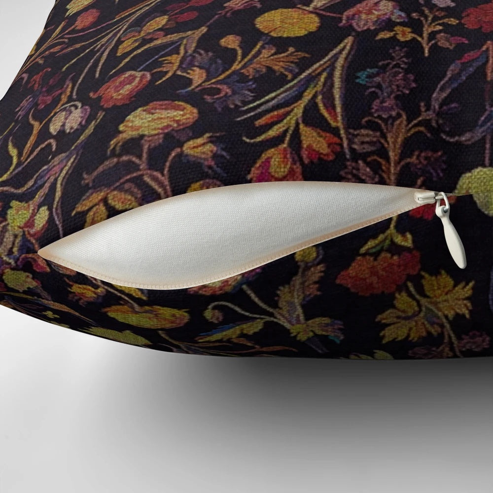 Midnight Floral Pillow featuring a mythological horse design in a gothic, vintage style