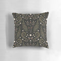 Midnight Forest Pillow featuring a mystical forest scene with mushrooms, ferns, and a full moon