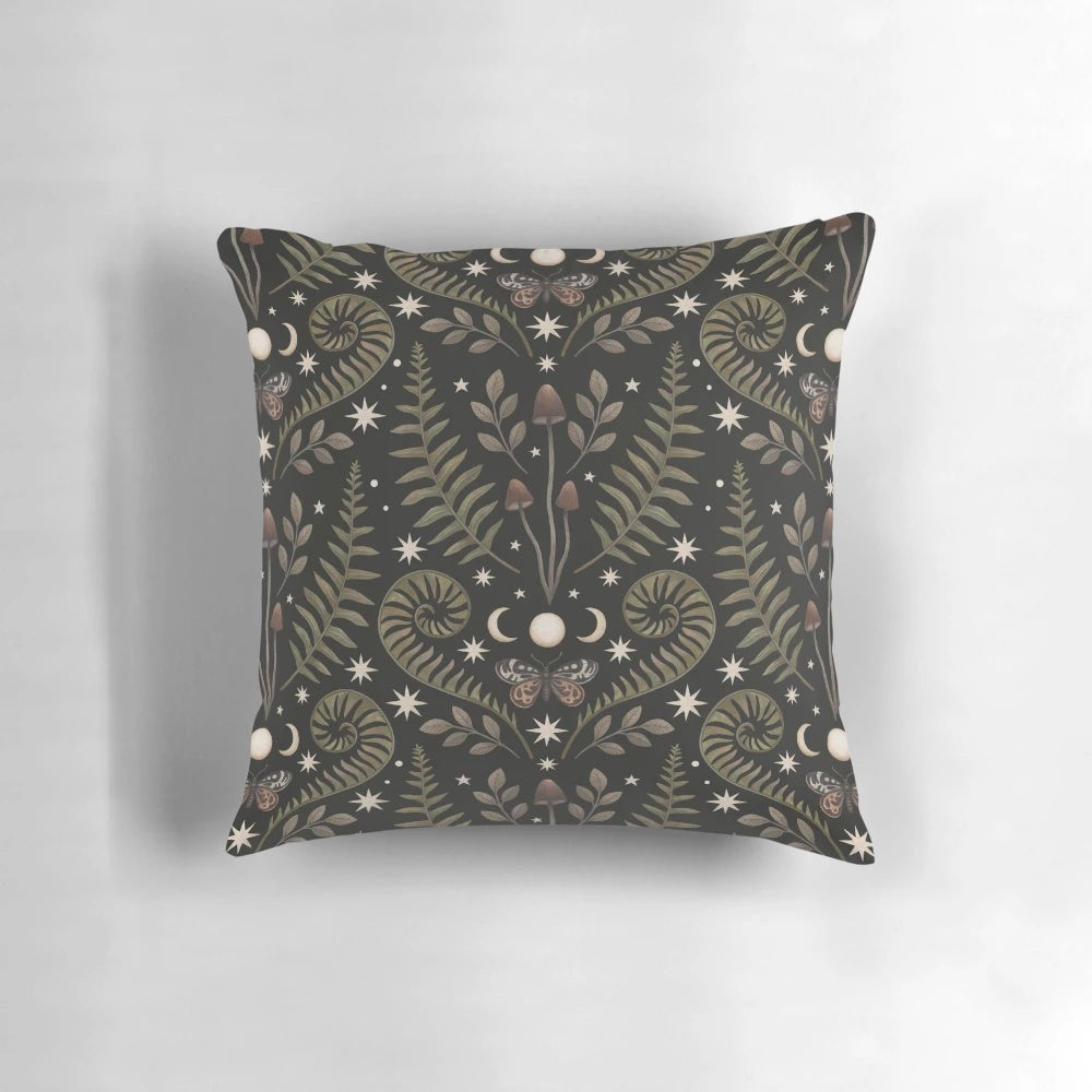 Midnight Forest Pillow featuring a mystical forest scene with mushrooms, ferns, and a full moon