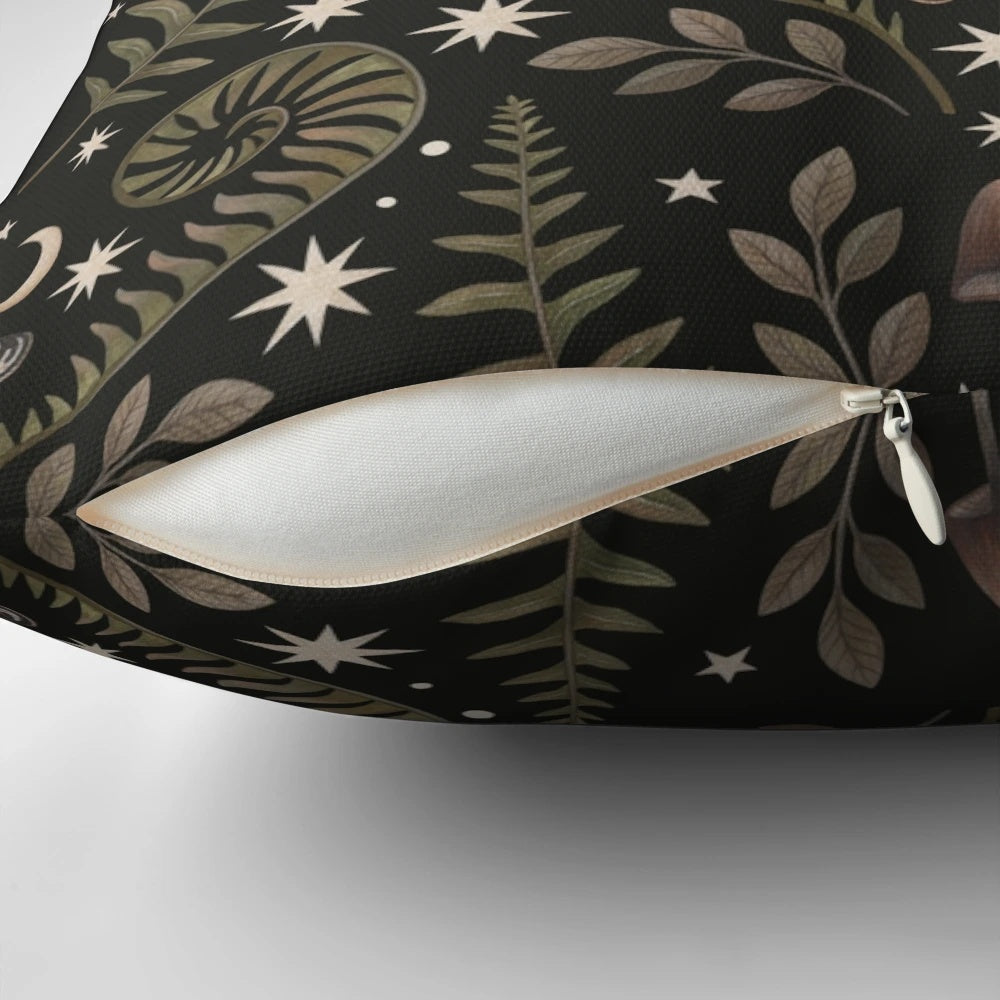Midnight Forest Pillow featuring a mystical forest scene with mushrooms, ferns, and a full moon