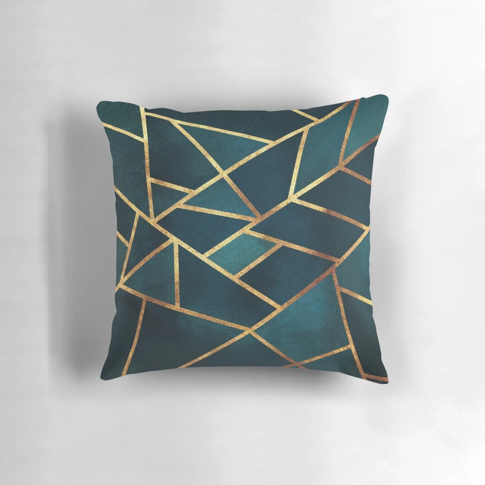 Midnight green and gold geometric marble pattern decorative throw pillow