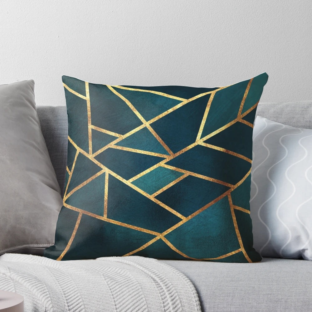 Midnight green and gold geometric marble pattern decorative throw pillow