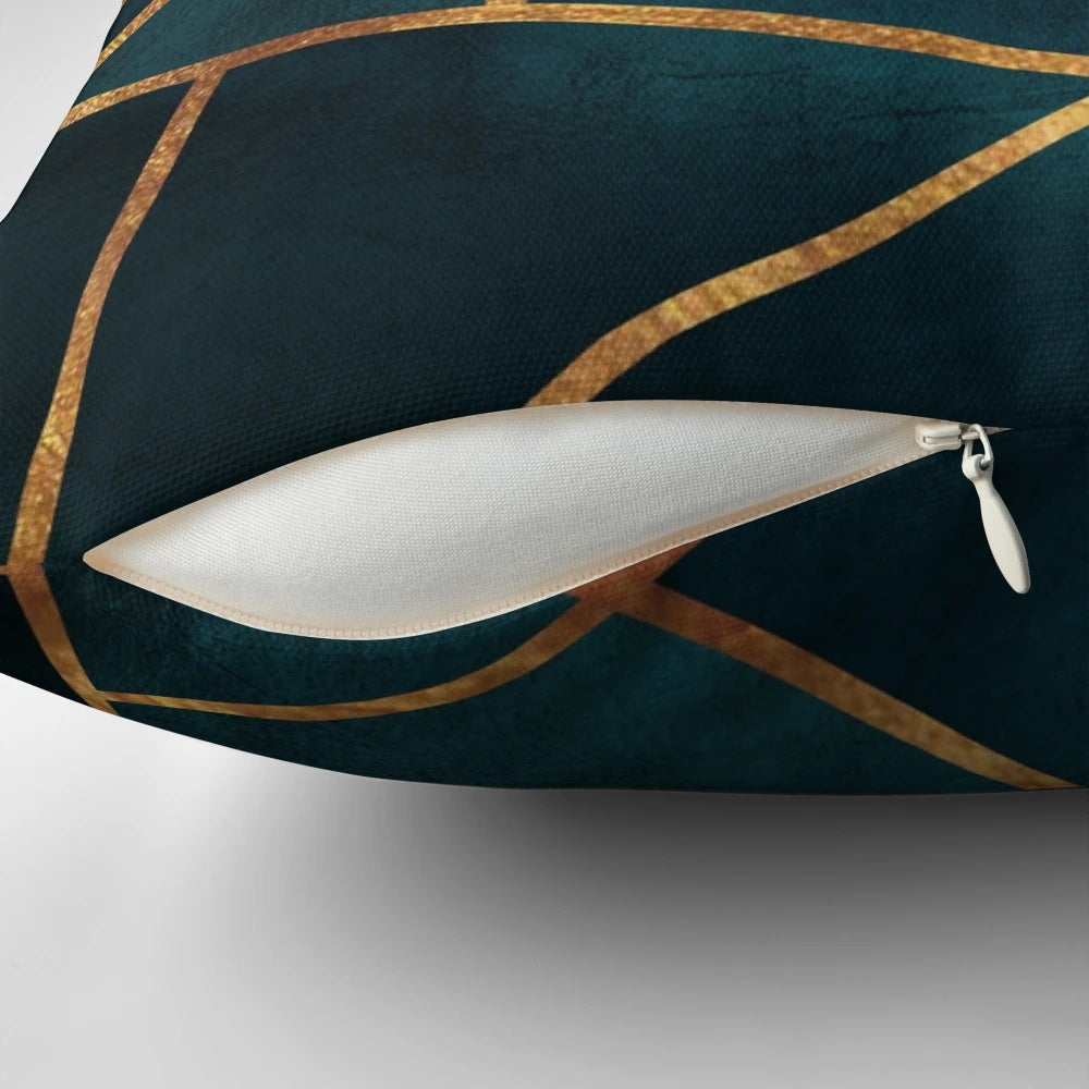 Midnight green and gold geometric marble pattern decorative throw pillow