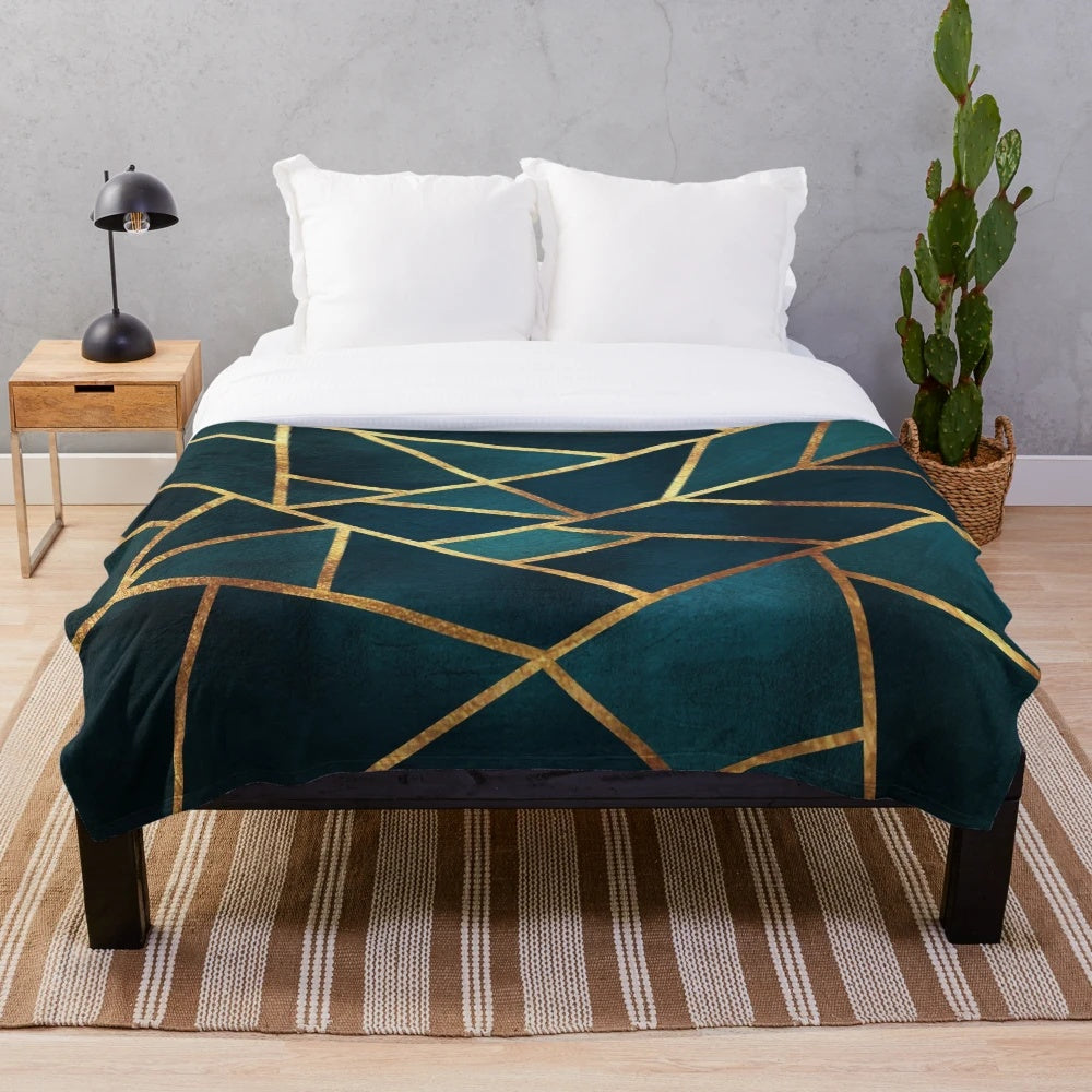 Midnight green and gold geometric plush blanket
