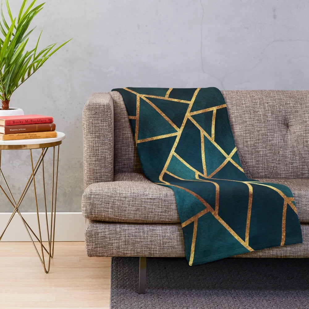 Midnight green and gold geometric plush blanket