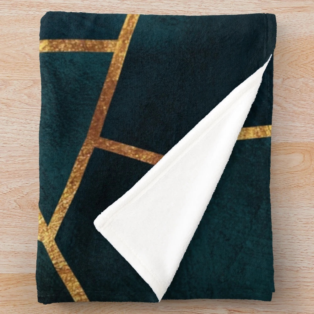 Midnight green and gold geometric plush blanket