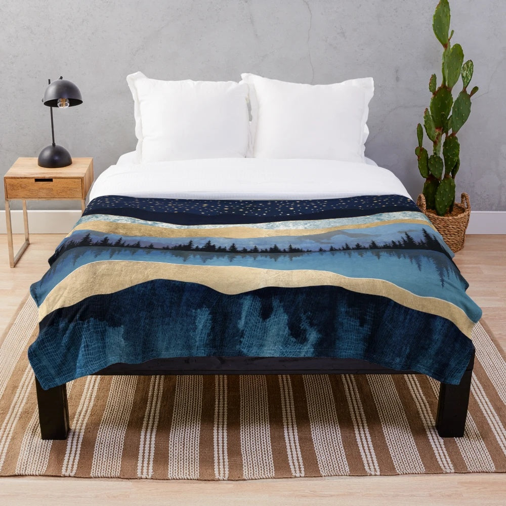 Midnight Lake Plush Blanket with Celestial Nature Inspired Design