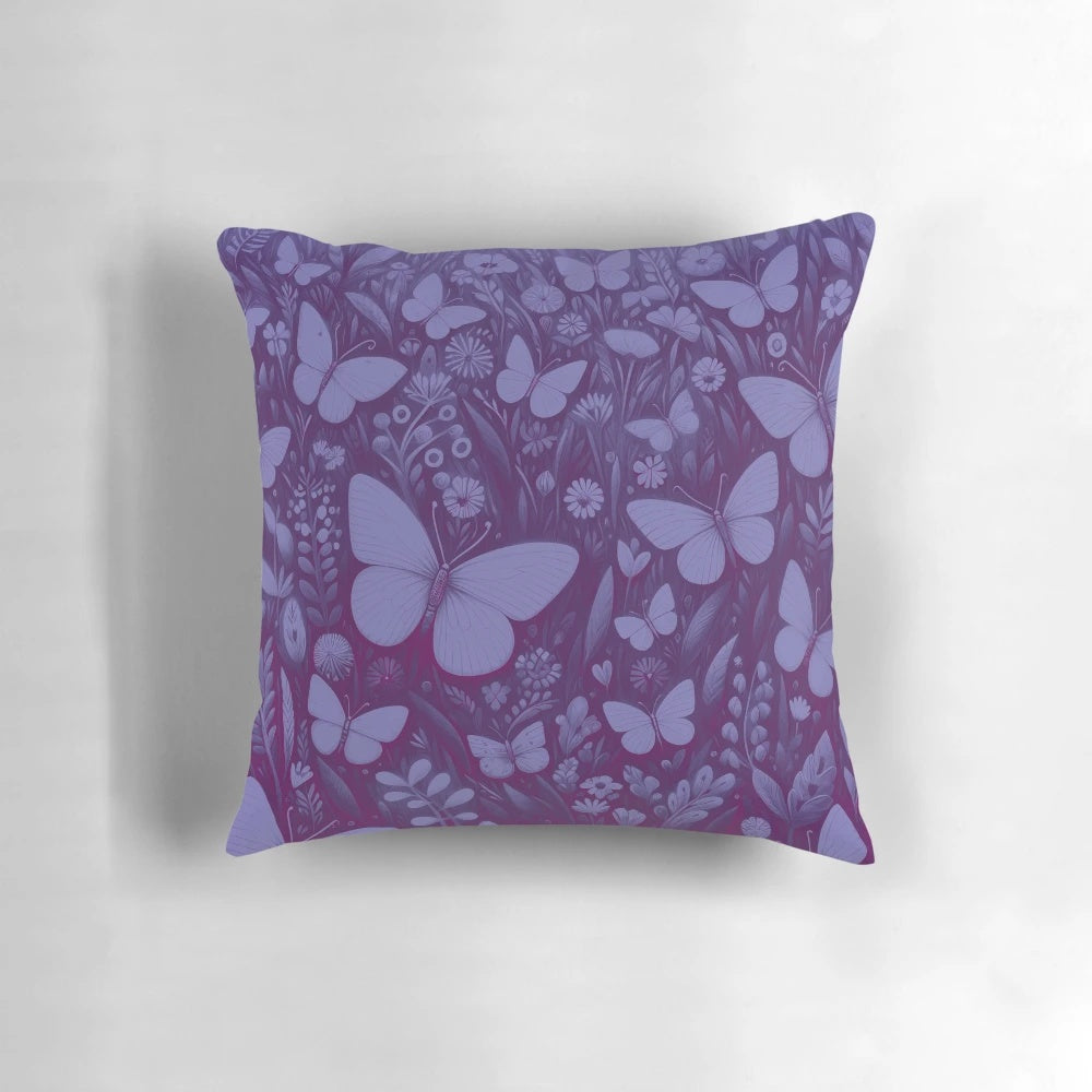Decorative midnight blue and purple pillow with a field of butterflies against a starry night sky