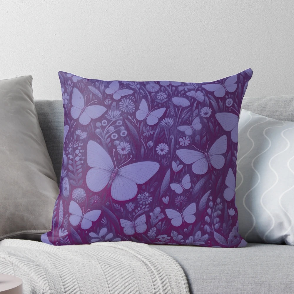Decorative midnight blue and purple pillow with a field of butterflies against a starry night sky