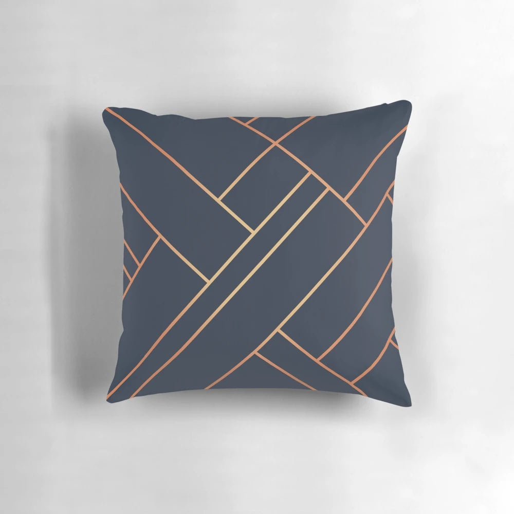 Midnight navy and copper geometric decorative pillow
