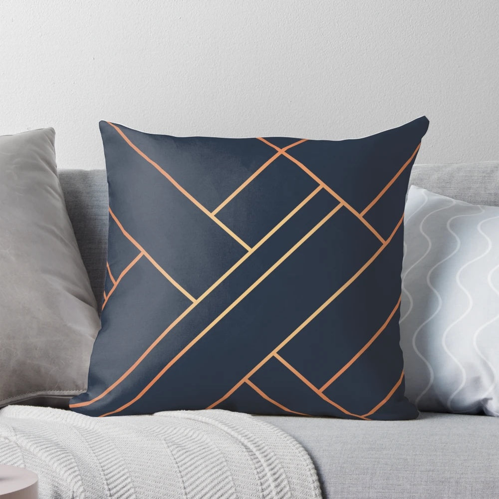 Midnight navy and copper geometric decorative pillow