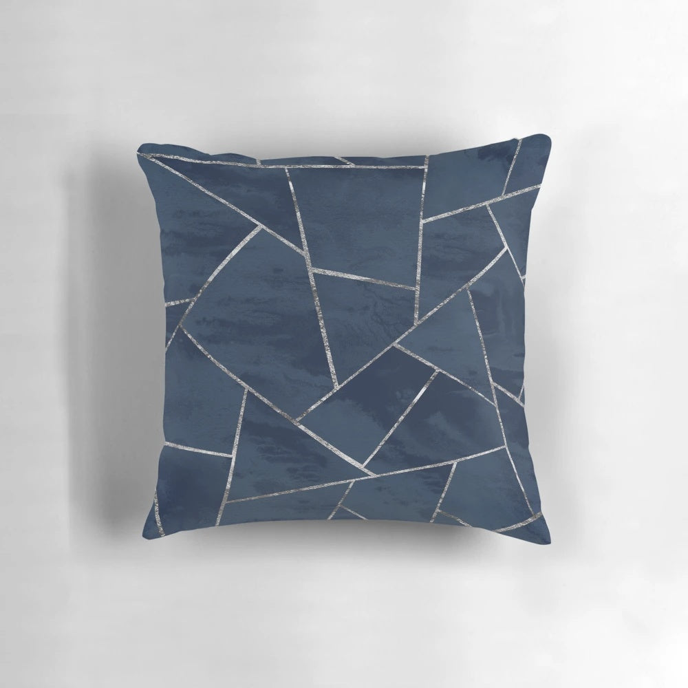 Midnight navy blue and silver geometric pattern decorative throw pillow for interior design