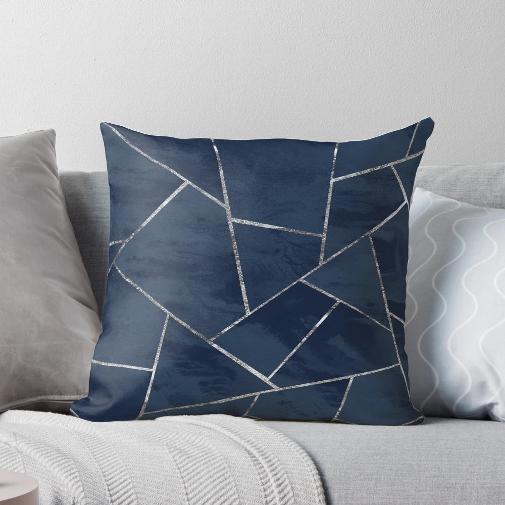 Midnight navy blue and silver geometric pattern decorative throw pillow for interior design