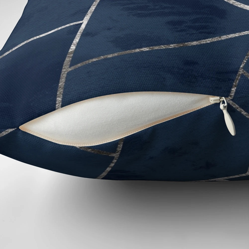 Midnight navy blue and silver geometric pattern decorative throw pillow for interior design