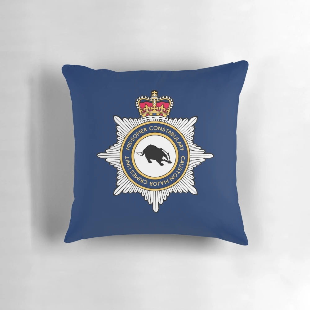 Midsomer Murders Major Crimes Unit inspired throw pillow with police and crime drama motif.