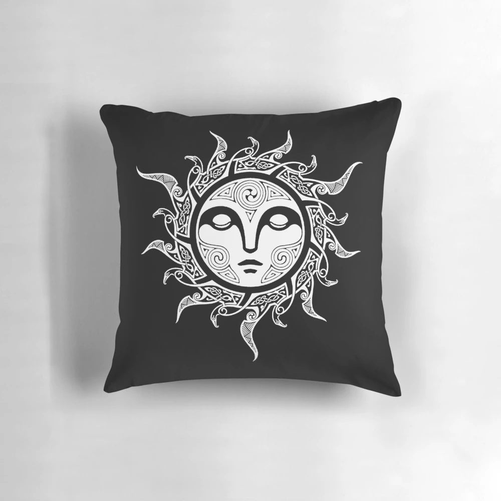 Midwinter Sun Pillow with Nordic Mythology Inspired Sun, Raven, and Celtic Knotwork Design