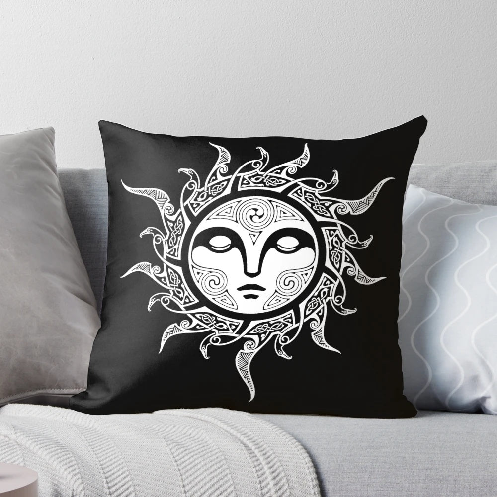 Midwinter Sun Pillow with Nordic Mythology Inspired Sun, Raven, and Celtic Knotwork Design