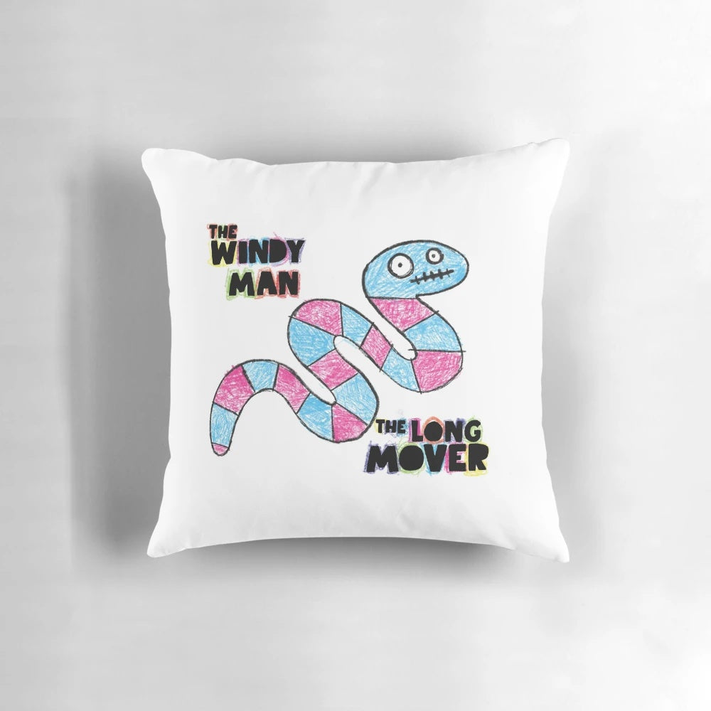 Illustration of "The Windy Man" and "The Long Mover" from the cult British comedy series "The Mighty Boosh", featuring fan art on a decorative pillow.