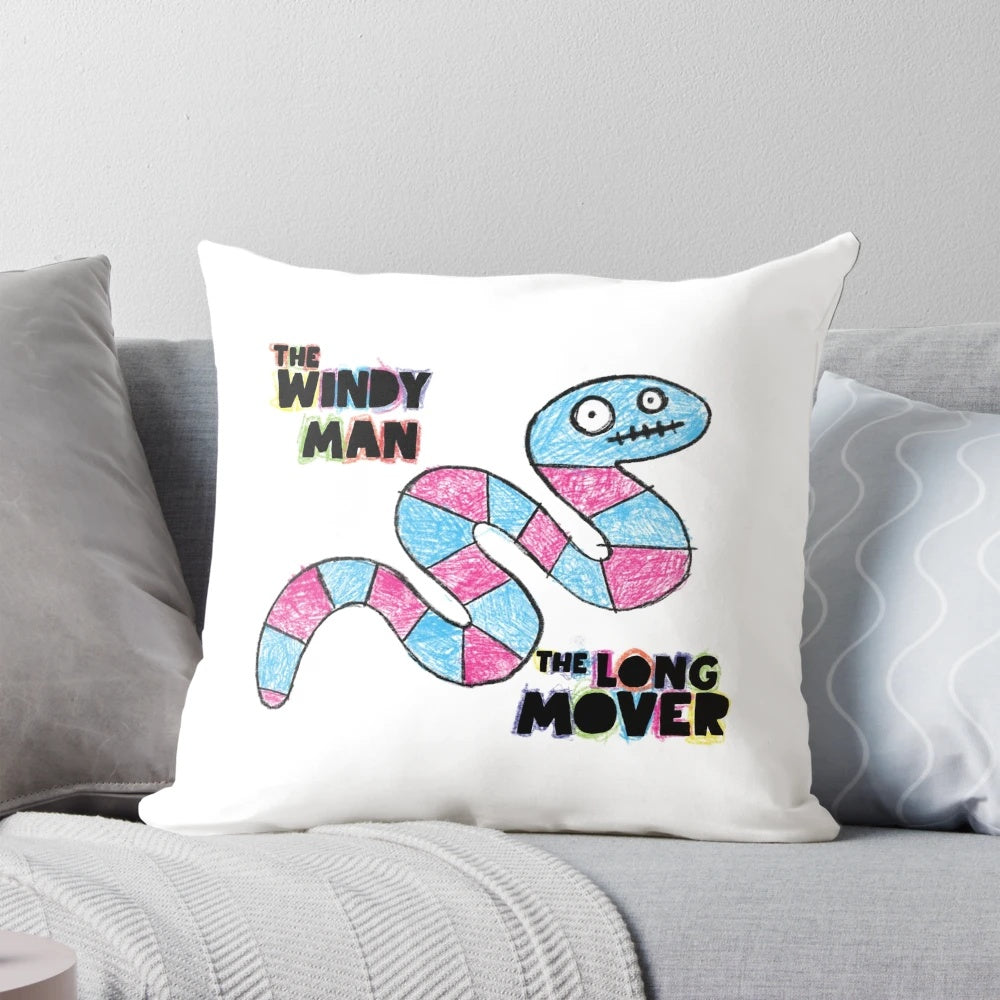 Illustration of "The Windy Man" and "The Long Mover" from the cult British comedy series "The Mighty Boosh", featuring fan art on a decorative pillow.