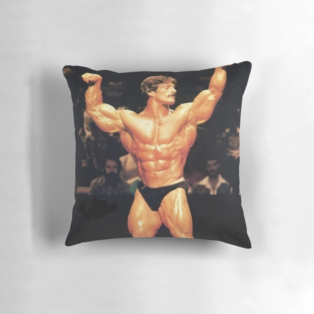 Mike Mentzer striking a powerful victory pose on a high-quality pillow