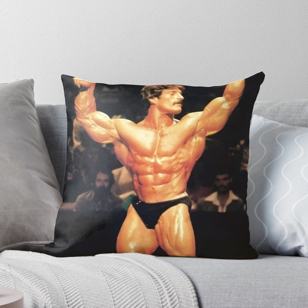 Mike Mentzer striking a powerful victory pose on a high-quality pillow