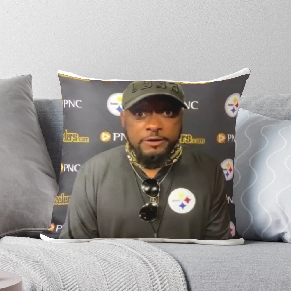 Mike Tomlin "We Do Not Care" Pillow, featuring a quote from the Pittsburgh Steelers head coach