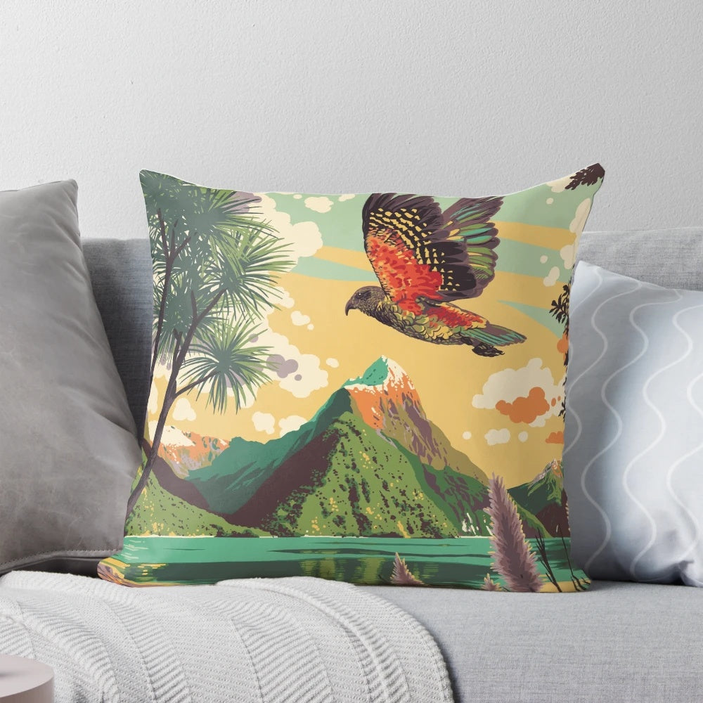 Milford Sound Landscape Pillow featuring a vintage-inspired graphic of the famous New Zealand fjord