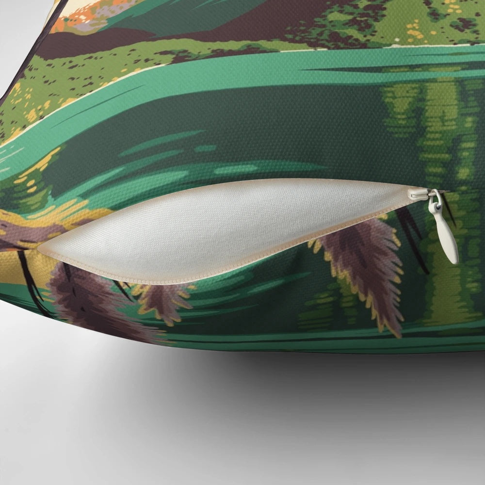 Milford Sound Landscape Pillow featuring a vintage-inspired graphic of the famous New Zealand fjord