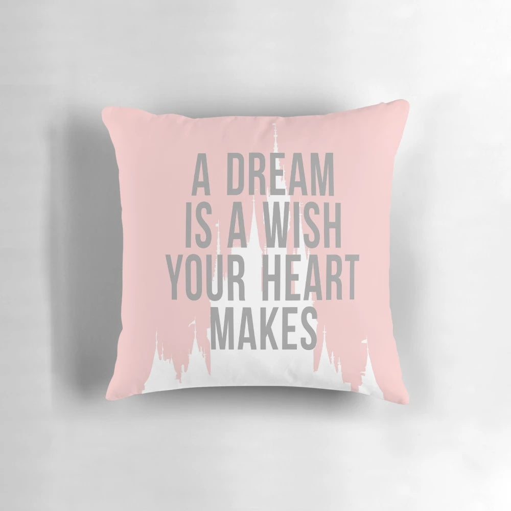 Millennial pink throw pillow with a castle silhouette design, inspired by Disney theme parks