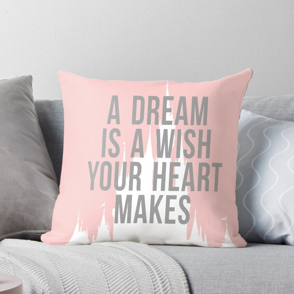 Millennial pink throw pillow with a castle silhouette design, inspired by Disney theme parks