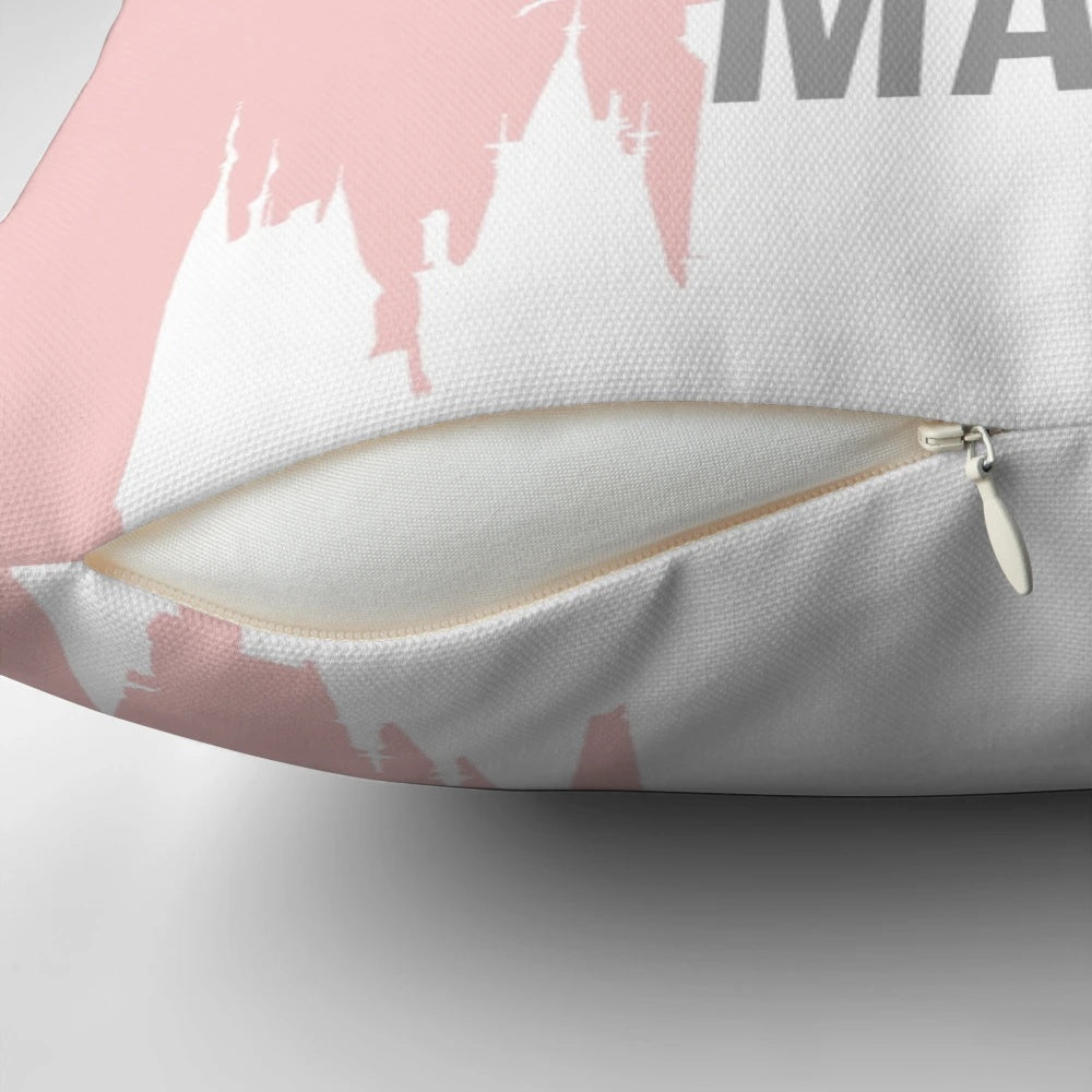 Millennial pink throw pillow with a castle silhouette design, inspired by Disney theme parks